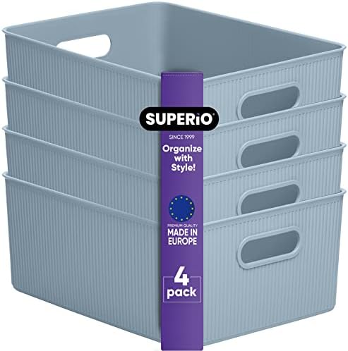 Superio Ribbed Collection - Decorative Plastic Basket Open Home Storage Bins Organizer, Large Blue (4 Pack) Container Boxes for Organizing Closet Storage Bins for Shelves 15 Liter/16 Quart by Superio
