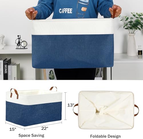 DULLEMELO 2-Pack Extra Large Blanket Basket Fabric Storage Baskets with Handles, Canvas Storage Baskets for Organizing Shelves Closet Toys Books, 22 x 15 x 13 inches(White&Blue) - Image 2