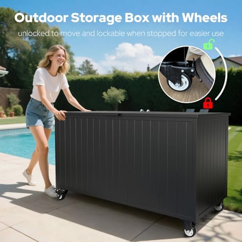 150 Gallon Outdoor Storage Box with Wheels, Metal Deck Boxes,Black - Image 2
