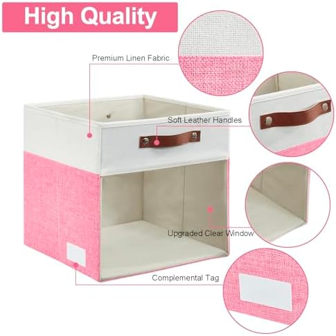 Bagnizer Storage Cubes, 4 Pack Linen Foldable Storage Bins (13 x 13 inch) with Clear Window and Handles, Fabric Organizer for Shelf Closet, Clothes, Books - (Pink and White) - Image 4