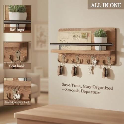 Key Holder for Wall, Wooden Key Hooks Wall Mount Mail Organizer Hanger Rustic Wooden Mail Rack Organizer with Hooks for Home Mudroom Office Entryway Hallway - Image 2