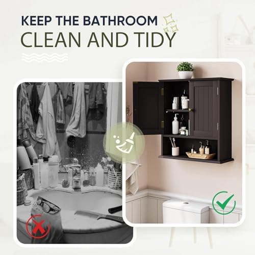 Smuxee Brown Bathroom Cabinet Wall Mounted, Small Medicine Cabinet with 2 Door Adjustable Shelves, Wall Cabinet Over Toilet for Laundry Room Kitchen - Image 7