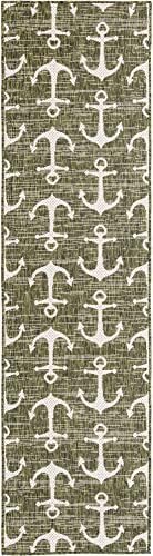 Unique Loom Outdoor Coastal Collection Area Rug - Ahoy (2' x 7' 10" Runner, Green/ Ivory) - Image 3