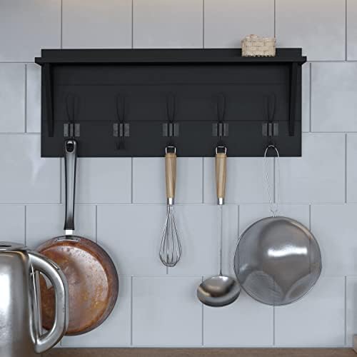 Merrick Lane Enid Hanging Storage Rack - Black Pine Wood - 24 Inch Wide - 5 Hanging Hooks - Wall Mounting Hardware Included - Image 6