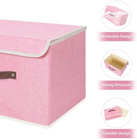 ANMINY Fabric Storage Box Bins with Lids, Pink, 15"x10"x10", 4 Pack - Image 4