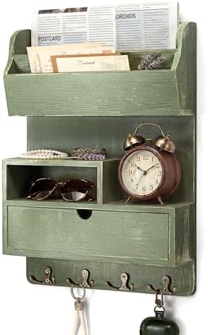 Rebee Vision Pine Wood Key Holder Wall Mount with Drawer & Mail Slot, Green by REBEEVISION