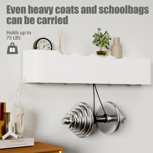 Coat Rack Wall Mount with Shelf 5 Hidden Hooks Modern Wooden Key Holder Entryway Organizer for Hallway Bedroom Bathroom Home Decor Storage for Hanging Coats Hats Bags Towels, Wave-Shape White - Image 3