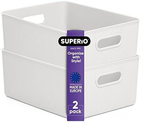 Superio Ribbed Collection - Decorative Plastic Basket Open Home Storage Bins Organizer, Large White (2 Pack) Container Boxes for Organizing Closet Storage Bins for Shelves 15 Liter/16 Quart by Superio