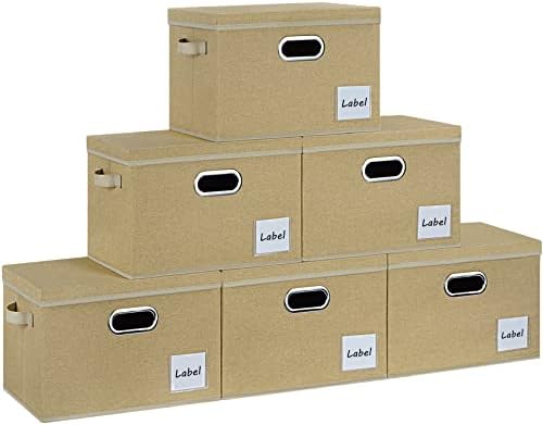 LHZK Extra Large Storage Bins with Lids 6 Pack, Foldable Linen Fabric Storage Boxes with Lids, Sturdy Fabric Storage Bins with Label & 3 Handles for Shelves Bedroom Home Office (Beige, Extra Large) by LHZK