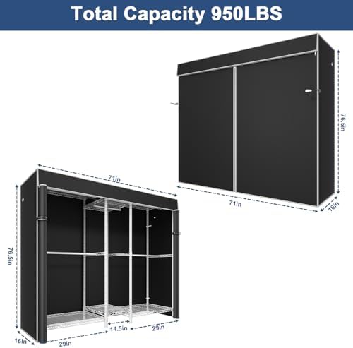 Ulif E12C Pro Heavy Duty Closet Organizer System，Freestanding Clothing Racks for Hanging Clothes，Adjustable Garment Rack 71"W x 16"D x 76.5"H Hold 960lbs，White Clothing Rack with Black Dustproof Cover - Image 2