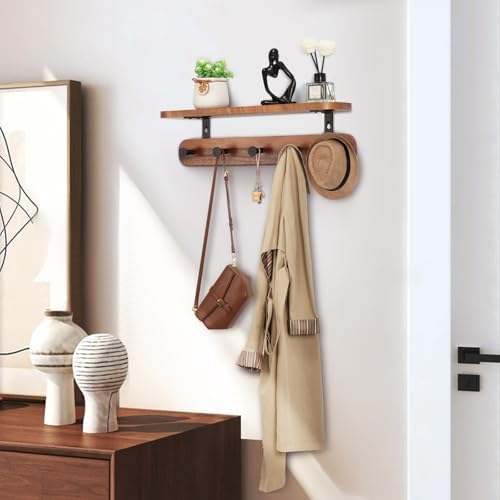 Coat Rack Wall Mount with Shelf, 17" Walnut Wood Wall Shelf with Hooks, Entryway Floating Shelves with 5 Metal Hangers for Coats, Backpacks, Living Room, Bedroom, Bathroom - Image 5