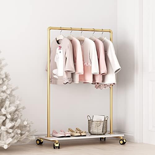 Gold Metal Clothing Rack with Wood Shelf, Heavy Duty Rolling Garment Rack with Wheels for Bedroom Retail Boutique Use (37.4L inches) - Image 7