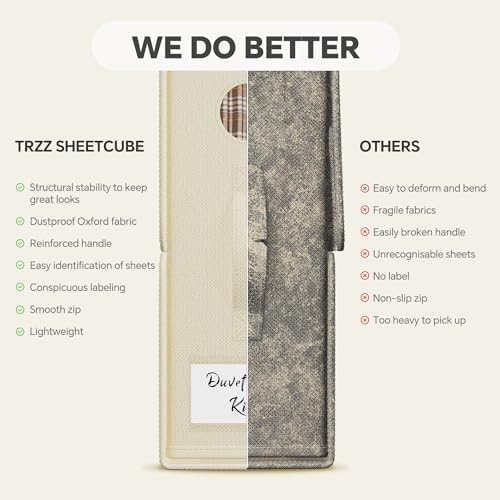 TRZZ 6-Pack Foldable Bed Sheet Storage Bins, Window with Labels, Beige - Image 3