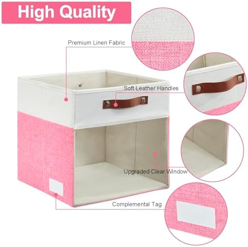 Bagnizer Storage Cubes, 4 Pack Linen Foldable Storage Bins with Clear Window and 2 Handles, 13x15x13 Storage Cube Bins for Shelf Closet, Kallax, Clothes, Books - (Pink / Off-White) - Image 4