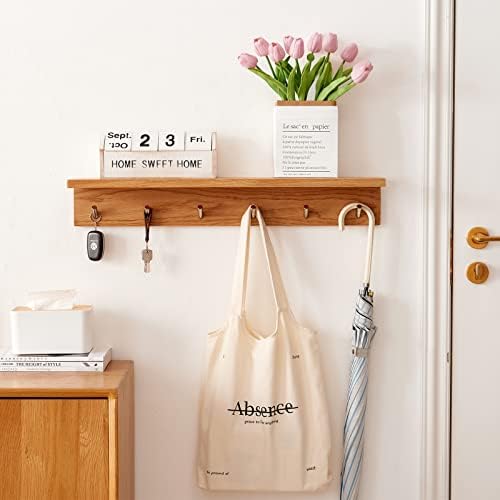 Coat Rack Shelf Wall Mounted Oak Wood Entryway Shelf with 6 Hooks Wall Coat Hook Rack with Floating Shelf for Bedroom, Living Room, Kitchen (Natural, 27.5 inch) - Image 5