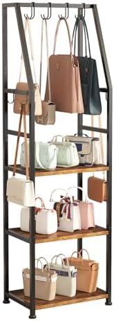 Tall Narrow Purse Organizer for Closet, 3-Tier Floor Standing Handbag Storage Rack with 8 Adjustable Hooks, Space-Saving Purse Display Stand for Small Space Bedroom Entryway (Rustic Brown) by WCBSQX