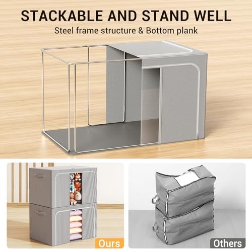 Clothes Storage Bins with Metal Frame Foldable Storage Box Clothes Organizers Storage Containers for Clothes Sheets Blankets Books Toys Gifts and Holiday Decorations (66Lx3 Pack) - Image 2