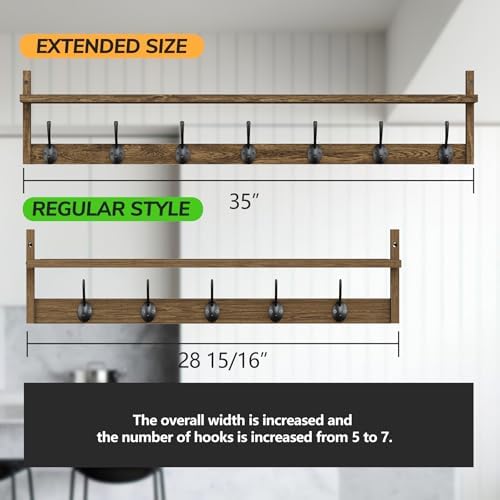 BAMEOS 35" L Wooden Coat Rack Wall Mount, Large Wall Coat Hooks with Shelf, Wall Hanging Shelf with 7 Dual Metal Hooks for Entryway, Bathroom, Kitchen, Living Room, Bedroom - Image 2