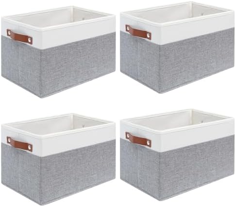 4 Pack Large Fabric Storage Baskets with Handles (White with Grey,15" L*13" W*13" H) by Unknown
