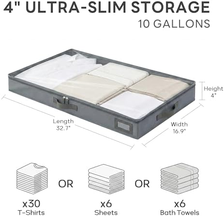 4" Low Profile Under Bed Storage Bins (3-Pack, Charcoal Grey), Slim 600D Oxford Organizer Containers with Matching Vegan Leather Handles & Clear Window, for Shoes, Clothing & Under-Sofa Storage - Image 2
