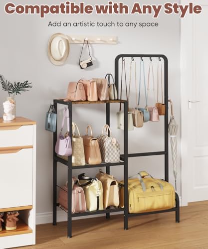 Floor-Standing 3-Tier Purse Organizer, High-Capacity Bag Holder with 8 Hooks, Multi-Functional Purse Rack for Various Bags, Handbag Display Stand Shelf for Closet, Bedroom, Entryway, Black - Image 6