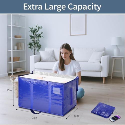 12 Pack-Extra Large Heavy Duty Moving Bags - Waterproof Storage Totes with Handles & Zippers, Foldable for College Dorm, Storage (Blue) - Image 2