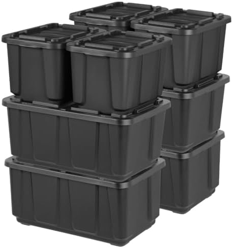 IRIS USA 12 Gallon (4 Pack) + 27 Gallon (4 Pack) Heavy Duty Storage Bins with Lids, Snap On Lid Stackable Industrial Totes, Rugged Tubs, Garage Organization, Reusable - Total 8 Units - Black by Unknown