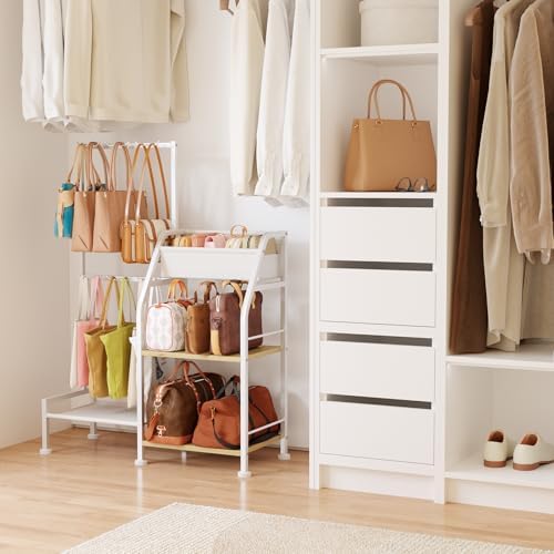 Homsorout Purse Organizer for Women - 3-Tier Storage Stand & 12 Fixed Hooks, Visible Backpack Storage, Space-Saving Bag Organizer Rack for Home, Closet, White - Image 2