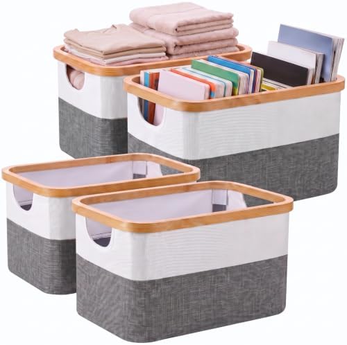 Hushee 4 Pack Bamboo Fabric Storage Bins for Shelves, 15"x10"x7.9" Collapsible Storage Baskets for Organizing, Two-Tone Foldable Bins for Clothes, Towels, Linens(White with Grey) by Hushee