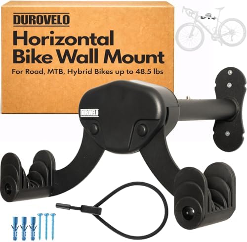 Bike Wall Mount - Horizontal Wall Hanger, Adjustable Design for Road, Mountain and Hybrid Bikes up to 48.5 lbs - Space-Saving Bike Rack for Garage or Apartment - Sturdy Indoor Bicycle Storage by Durovelo