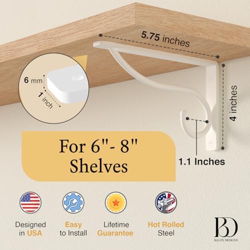Closet Rod Bracket, 6 Inch Hook Shelf Brackets Heavy Duty Wall Mounted, Black Closet Rod Support Brackets for Curtains, Hanging Hook Kitchen, Garage Shelf Supports (4 Pack) (White, 6 Inch) - Image 2