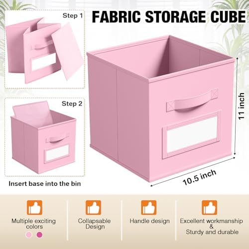 Teenyyou 10 Pack Fabric Storage Cubes 11 Inch Collapsible Cube Bins with Label Window & Handle Foldable Organizers Baskets for Shelf Closet Nursery Kids Room Clothes Book Toy(Pink, Rose Red) - Image 3