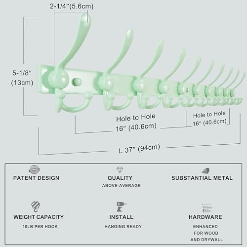 Dseap Coat Rack Wall Mount 37 Inch, Heavy Duty 12-Gauge Base vs Flimsy 1mm, Double-Thick Solid Anti-Snap Hooks, 16” Stud-Mount, Stainless Steel 10-Hook Hanger for Closet Entryway, Green - Image 7