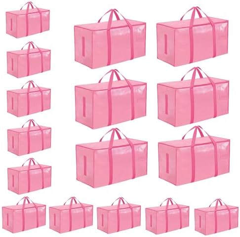 16 Pack-Extra Large Heavy Duty Moving Bags - Waterproof Storage Totes with Handles & Zippers, Foldable for College Dorm, Storage (Pink) by Unknown