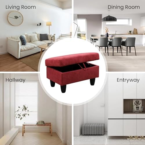 28.5'' Ottoman with Storage, Flannel Ottoman Foot Rest for Living Room Upholstered Footstool, Perfect Storage Ottoman Bench Bag Floor Chair for Bedroom or Entryway, Red - Image 4