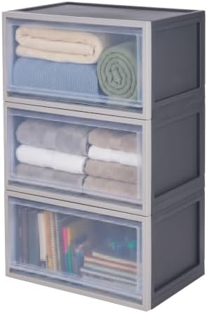 IRIS USA 53 Qt Stackable Storage Bins, 3-Pack, Front Access, Gray by IRISUSA