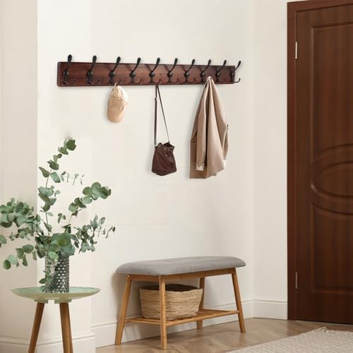 Kuhome 38.6'' Large Coat Rack Wall Mount Coat Hooks Coat Hanger with 10 Metal Black Triple- Hooks Brown Pine Real Wood Plank Hat Rack for Wall Hooks for Hanging Coat Hat Jacket - Image 5