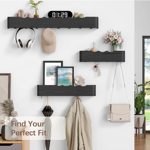 Coat Rack Wall Mount with Hidden Hooks, Wall Hooks with Shelf, Wall Key Holder Mount Wooden Shelf Entryway Hooks for Bedroom Bathroom for Hanging Coats Hats Bags Towels (Black Wave-Shape, 5 Hooks) - Image 7