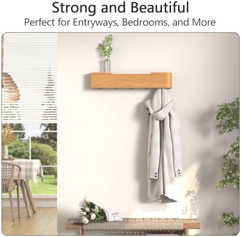 Coat Rack Wall Mount with Hidden Hooks Modern Key Holder Wood Entryway Hook with Shelf for Bedroom Kitchen Hallway Bathroom Designed for Hanging Coats Hats Bags Towels Dog Leashe(Oak,5 Hooks) - Image 5