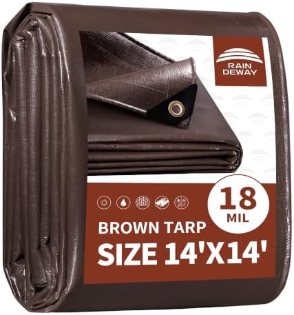 RAINDEWAY Tarp 14x14ft Brown Tarps Heavy Duty Waterproof 18Mil Extra Thick by RAINDEWAY