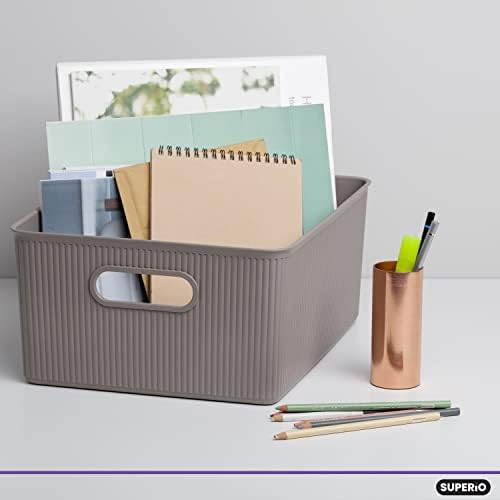 Superio Ribbed Collection - Decorative Plastic Basket Open Home Storage Bins Organizer, Taupe (Set of 4) 1 Large, 1 Medium, 2 Small - Container Boxes for Organizing Closet Storage Bins for Shelves - Image 3
