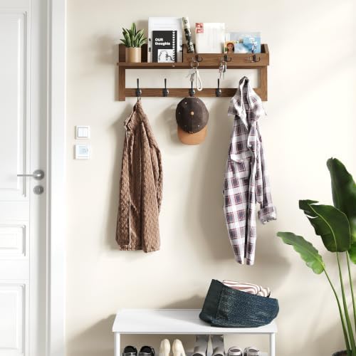 AMBIRD Wall Hooks with Shelf, 26.57 Inch Entryway Wood Coat Hooks for Wall with Shelf, Coat Rack Wall Mount with 5 Dual Hooks 3 Key Hooks Mail Organizer and Key Rack Holder (Brown) - Image 6