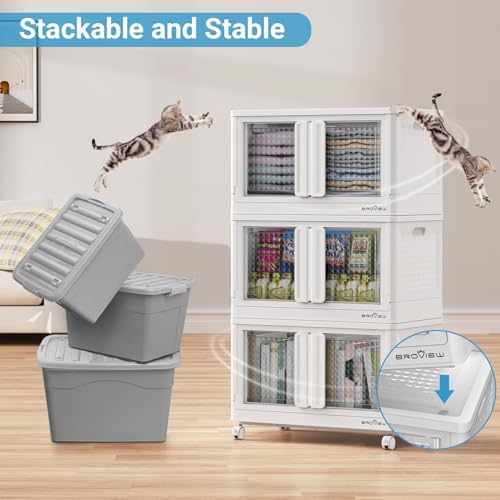 BROVIEW 400 Qt Stackable Storage Bins with Lids & Doors, 4 Pack Plastic Closet Organizer and Storage Drawers with Wheels, Large Collapsible Storage Boxes, Cabinet for Home, Office, V10, White - Image 6