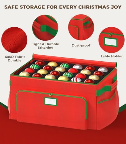 Ornament Storage Box, Large Christmas Ornament Storage Box, Stores 72 4'' Ornaments , Ornaments Storage Containers with 3 Trays, Durable and Portable, 600D Tear-Proof Material, Extra Pockets Red - Image 6