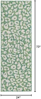 Unique Loom Outdoor Safari Collection Area Rug - Leopard (2' x 6' 1" Runner, Green Blue/ Ivory) - Image 2