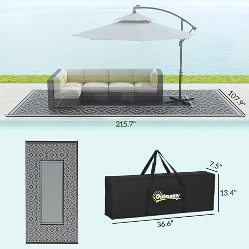 Outsunny Outdoor Rug for Patio Waterproof 9' x 18' Black & Gray Gourd - Image 2