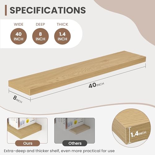 Acovy 40 Inch Floating Shelves, 8 Inch Deep Floating Shelves for Wall, Hanging Shelf with Invisible Brackets, Deep Shelves for Bathroom, Bedroom, Living Room, Oak, Set of 2 - Image 3