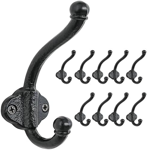 Dseap Cast Iron Wall Hooks L=5”, Heavy Duty Coat Hooks, Rustic Vintage Farmhouse Hook for Hanging Winter Coats Jackets Towels Hats Bags Plants, Antique Black, Pack of 10 (VintageBold) by Dseap
