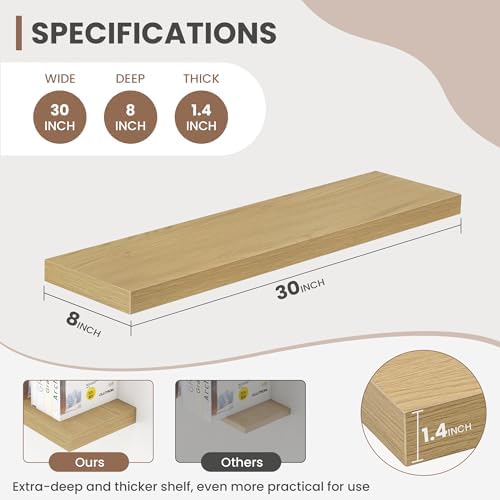Acovy 30 Inch Floating Shelves, 8 Inch Deep Floating Shelves for Wall, Hanging Shelf with Invisible Brackets, Deep Shelves for Bathroom, Bedroom, Living Room, Oak, Set of 2 - Image 3