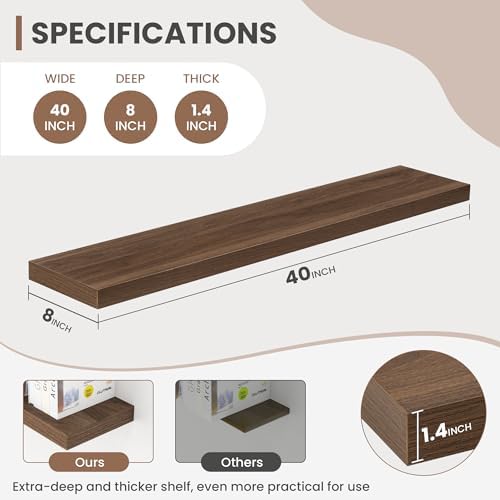 Acovy 40 Inch Floating Shelves, 8 Inch Deep Floating Shelves for Wall, Hanging Shelf with Invisible Brackets, Deep Shelves for Bathroom, Bedroom, Living Room, Walnut, Set of 2 - Image 3